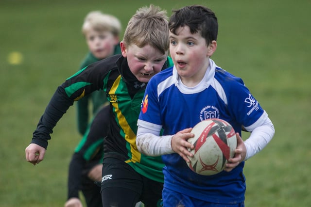 Lennon Hope for Trinity Primary School is pursued by a determined tackler