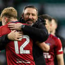 Kilmarnock manager Derek McInnes celebrates with David Watson at full time after the 1-1 draw against Celtic.