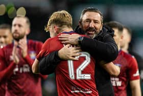 Kilmarnock manager Derek McInnes celebrates with David Watson at full time after the 1-1 draw against Celtic.