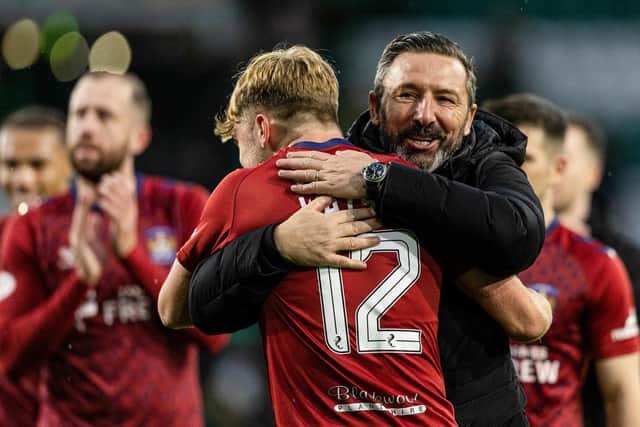Kilmarnock manager Derek McInnes celebrates with David Watson at full time after the 1-1 draw against Celtic.