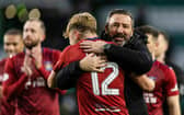Kilmarnock manager Derek McInnes celebrates with David Watson at full time after the 1-1 draw against Celtic.