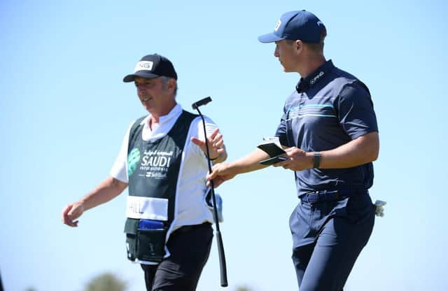 Calum Hill and his caddie Phil Morbey during the final round of the Saudi International powered by SoftBank Investment Advisers at Royal Greens Golf and Country Club in King Abdullah Economic City. Picture: Ross Kinnaird/Getty Images.