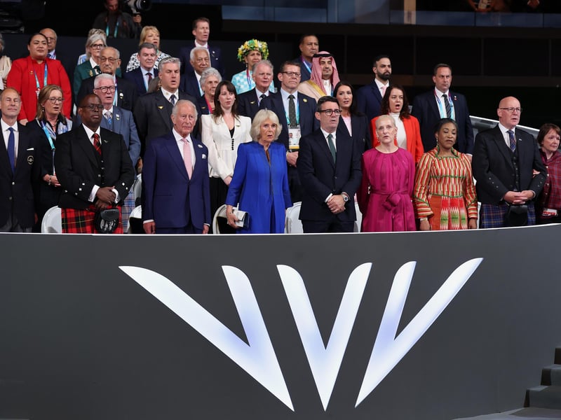 Dr Donald Rukare, President of Commonwealth Sport and of the Uganda Olympic Committee, King Charles III, Queen Camilla and Andy Burnham are seen in the Royal Box during the opening ceremony ahead of the Glasgow 2026 Commonwealth Games