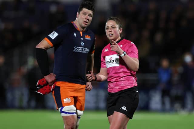 Grant Gilchrist was shown two yellow cards by referee Sara Cox during Edinburgh's Challenge Cup tie against Scarlets. (Photo by Ian MacNicol/Getty Images)