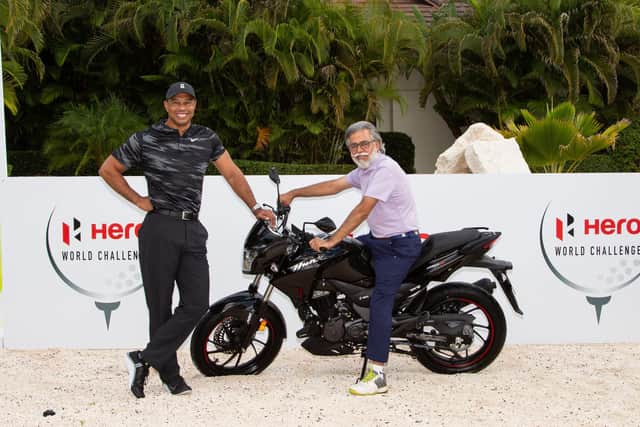 Dr Pawan Munjal, chairman & CEO of Hero MotoCorp, with 15-time major winner Tiger Woods ahead of this week's Hero World Challenge 2021 at Albany in the Bahamas. Picture: Hero MotorCorp.