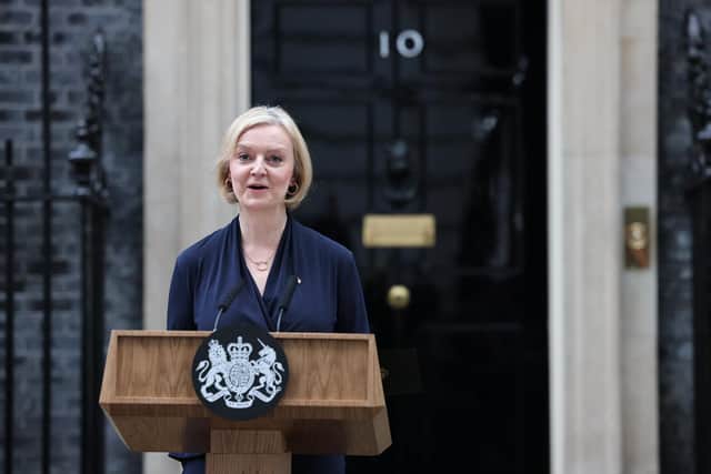 Prime Minister Liz Truss announces her resignation at Downing Street. Picture: Rob Pinney/Getty Images