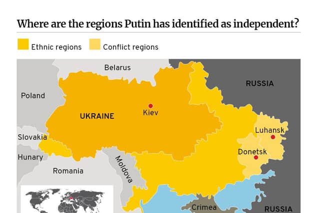 This map shows the regions in Ukraine that Russian president Vladimir Putin has identified as independent