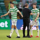 Ange Postecoglou manager of Celtic with Tom Rogic and Ryan Christie. (Photo by Steve  Welsh/Getty Images)