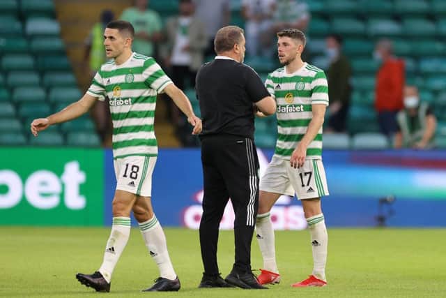 Ange Postecoglou manager of Celtic with Tom Rogic and Ryan Christie. (Photo by Steve Welsh/Getty Images)