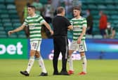 Ange Postecoglou manager of Celtic with Tom Rogic and Ryan Christie. (Photo by Steve  Welsh/Getty Images)