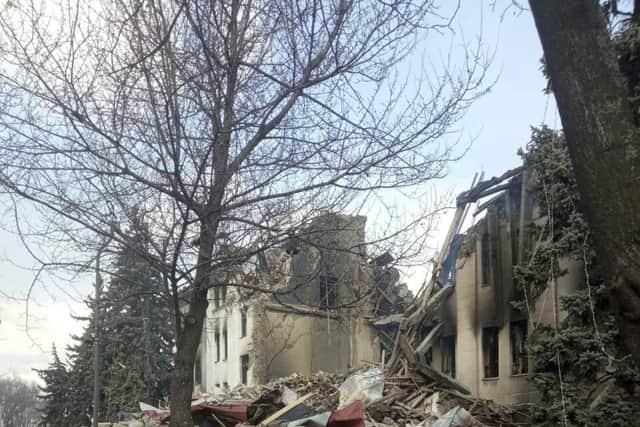 Russian shelling all but destroyed a theatre in Mariupol, leaving hundreds of people trapped in its basement. Picture: Azov Battalion
