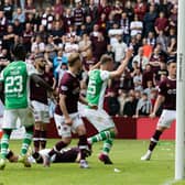 Will Fish hits the post for Hibs late on against Hearts as they had to settle for a 1-1 draw at Tynecastle.