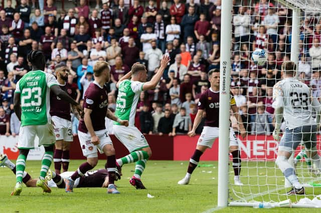 Will Fish hits the post for Hibs late on against Hearts as they had to settle for a 1-1 draw at Tynecastle.