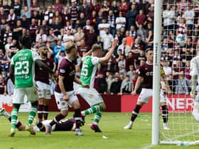 Will Fish hits the post for Hibs late on against Hearts as they had to settle for a 1-1 draw at Tynecastle.