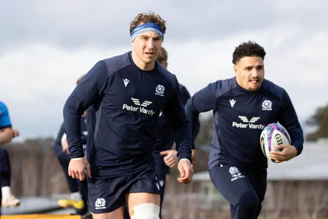 Jamie Ritchie and Sione Tuipulotu during a Scotland training session at the Oriam. (Photo by Craig Williamson / SNS Group)