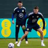 Nathan Patterson (R) and Greg Taylor (L) train in Edinburgh before the Nations League clash with Ukraine at Hampden  (Photo by Craig Williamson / SNS Group)