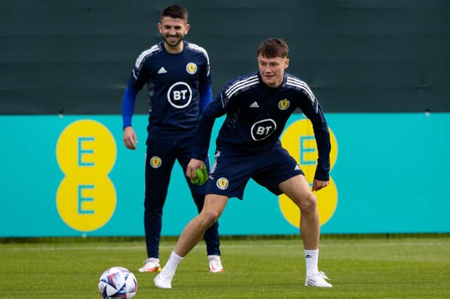 Nathan Patterson (R) and Greg Taylor (L) train in Edinburgh before the Nations League clash with Ukraine at Hampden  (Photo by Craig Williamson / SNS Group)