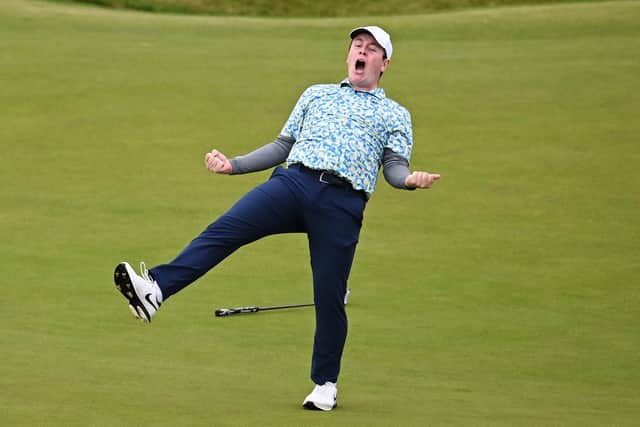 Bob MacIntyre celebrates holing the winning putt on the final green in the Genesis Scottish Open at The Renaissance Club in July. Picture: Octavio Passos/Getty Images.