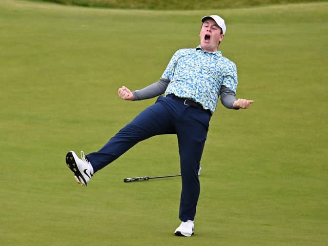 Bob MacIntyre celebrates holing the winning putt on the final green in the Genesis Scottish Open at The Renaissance Club in July. Picture: Octavio Passos/Getty Images.