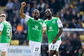 Myziane Maolida celebrates scoring the opener for Hibs in the 1-1 draw with Livingston. (Photo by Mark Scates / SNS Group)