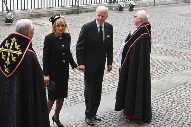 US President Joe Biden and first lady Jill Biden arrive at Westminster Abbey.
