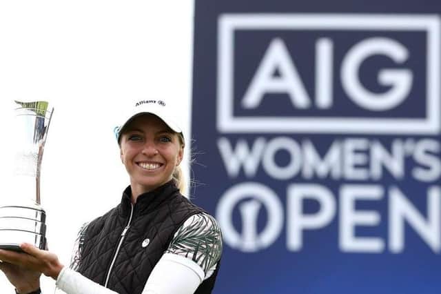 Germany's Sophia Popov poses with the trophy following victory in the 2020 AIG Women's Open at Royal Troon. Picture: R&A handout via Getty Images