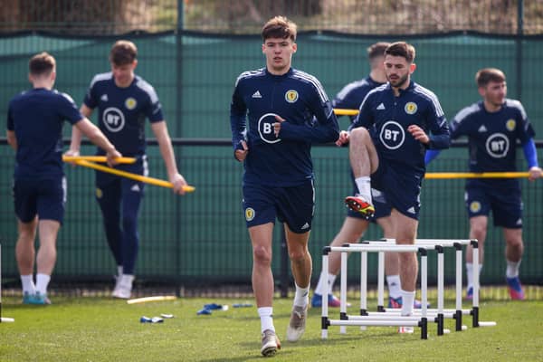 Aaron Hickey trains with Scotland on Tuesday but he is a doubt for the Poland fixture due to feeling unwell. (Photo by Craig Williamson / SNS Group)