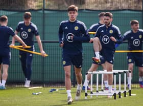 Aaron Hickey trains with Scotland on Tuesday but he is a doubt for the Poland fixture due to feeling unwell. (Photo by Craig Williamson / SNS Group)