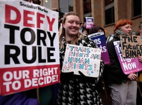 Trans rights demonstrators attend a rally in Buchanan Street, Glasgow, on 21 January (Picture: Jeff J Mitchell/Getty Images)