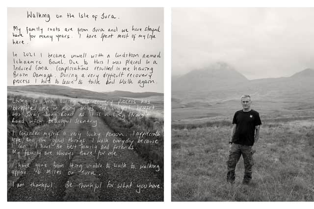 Photograph shows: A portrait of Willie Mack on the Isle of Jura, presented as a diptych alongside his handwritten testimony about his recovery from illness through the act of daily walking on 'The long Road'. PIC: Craig Easton, 2024