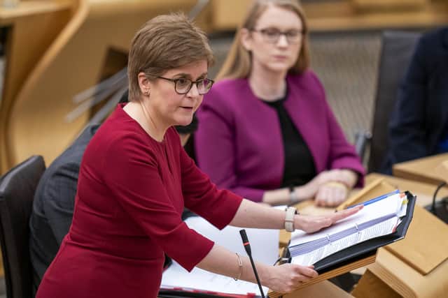 First Minister Nicola Sturgeon during First Minster's Questions (FMQ's) in the debating chamber of the Scottish Parliament in Edinburgh. Picture date: Thursday November 17, 2022.