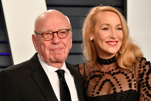 BEVERLY HILLS, CA - FEBRUARY 24:  Rupert Murdoch (L) and Jerry Hall attend the 2019 Vanity Fair Oscar Party hosted by Radhika Jones at Wallis Annenberg Center for the Performing Arts on February 24, 2019 in Beverly Hills, California.  (Photo by Dia Dipasupil/Getty Images)