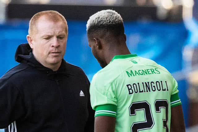 Celtic's Boli Bolingoli with manager Neil Lennon during the recent match against Kilmarnock. Craig Williamson / SNS Group
