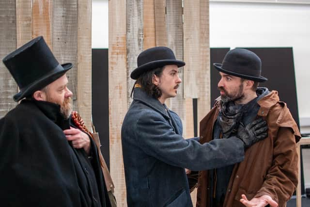 Daibhidh Walker, Sam Jams Smith and Dòl Eoin MacKinnon in rehearsals for Stornoway, Quebec PIC: Rhona Dougall