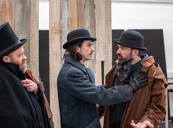 Daibhidh Walker, Sam Jams Smith and Dòl Eoin MacKinnon in rehearsals for Stornoway, Quebec PIC: Rhona Dougall