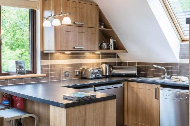 The open plan kitchen in one of Auchrannie Resort's two bedroomed retreat lodges. Pic: Contributed