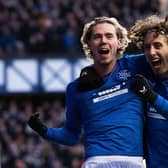 Todd Cantwell celebrates with Fabio Silva after scoring to make It 3-0 Rangers over Livingston. (Photo by Paul Devlin / SNS Group)