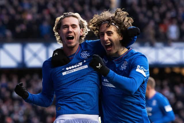 Todd Cantwell celebrates with Fabio Silva after scoring to make It 3-0 Rangers over Livingston. (Photo by Paul Devlin / SNS Group)