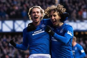Todd Cantwell celebrates with Fabio Silva after scoring to make It 3-0 Rangers over Livingston. (Photo by Paul Devlin / SNS Group)