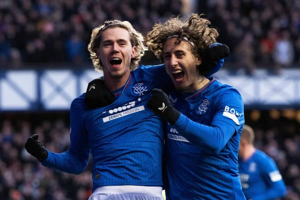 Todd Cantwell celebrates with Fabio Silva after scoring to make It 3-0 Rangers over Livingston. (Photo by Paul Devlin / SNS Group)