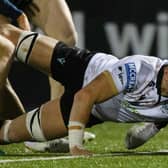 Glasgow Warriors' Jack Dempsey scores a first half try in the 16-10 win over Edinburgh at Scotstoun. (Photo by Craig Williamson / SNS Group)