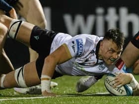 Glasgow Warriors' Jack Dempsey scores a first half try in the 16-10 win over Edinburgh at Scotstoun. (Photo by Craig Williamson / SNS Group)