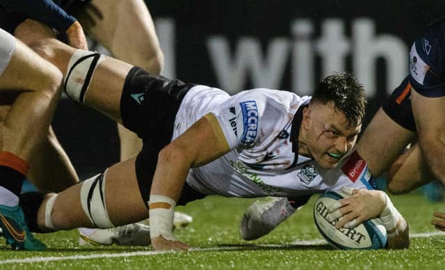 Glasgow Warriors' Jack Dempsey scores a first half try in the 16-10 win over Edinburgh at Scotstoun. (Photo by Craig Williamson / SNS Group)