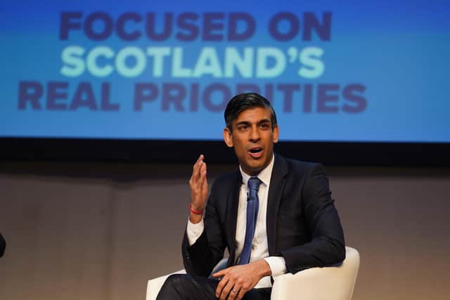 Prime Minister Rishi Sunak speaking on the first day of the Scottish Conservative party conference at the Scottish Event Campus (SEC) in Glasgow. Picture date: Friday April 28, 2023.