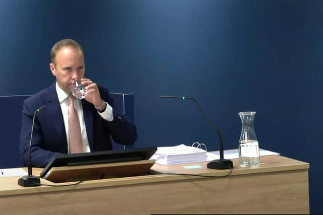 Former health secretary Matt Hancock, giving evidence to the UK Covid-19 Inquiry at Dorland House in London.