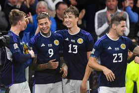 Scotland's Lyndon Dykes celebrates after scoring to make it 3-0 over Ukraine at Hampden.  (Photo by Craig Foy / SNS Group)