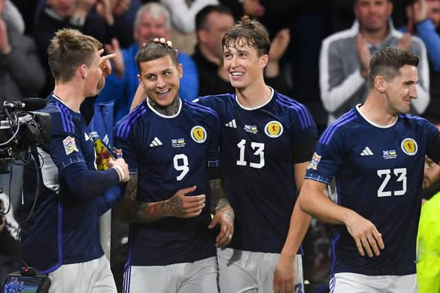 Scotland's Lyndon Dykes celebrates after scoring to make it 3-0 over Ukraine at Hampden. (Photo by Craig Foy / SNS Group)