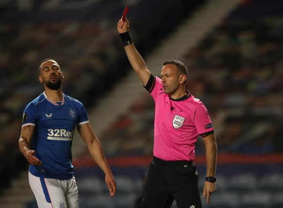 Kemar Roofe's dismissal for a high challenge on Slavia Prague goalkeeper Ondrej Kolar (not pictured) at Ibrox in March means he will be suspended for the start of Rangers' Champions League campaign next season. (Photo by Ian MacNicol/Getty Images)