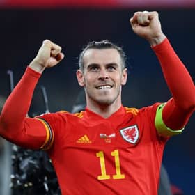 Gareth Bale of Wales celebrates following the 2022 FIFA World Cup Qualifier knockout round play-off match between Wales and Austria at Cardiff City Stadium on March 24, 2022 in Cardiff, Wales. (Photo by Dan Mullan/Getty Images)