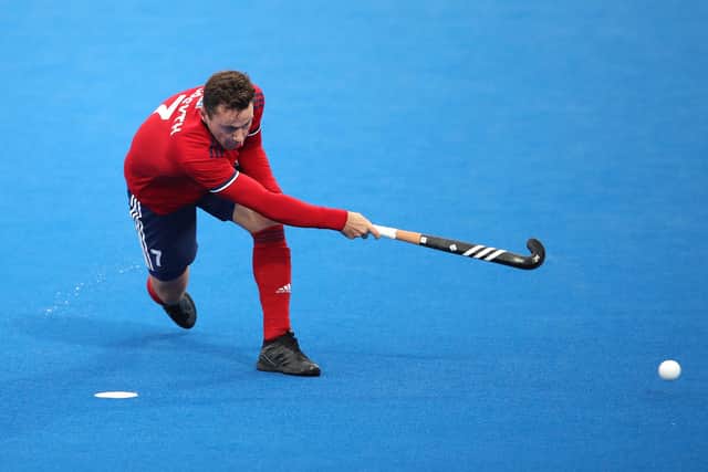 Alan Forsyth scoring for Great Britain during the Olympic qualifier against Malaysia at Lee Valley. Picture: Alex Pantling/Getty Images